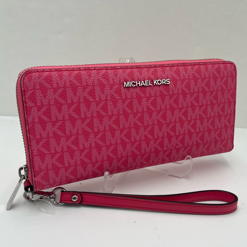 MICHAEL KORS Jet Set Large Signature Logo Continental Wallet Wristlet Phone NWT